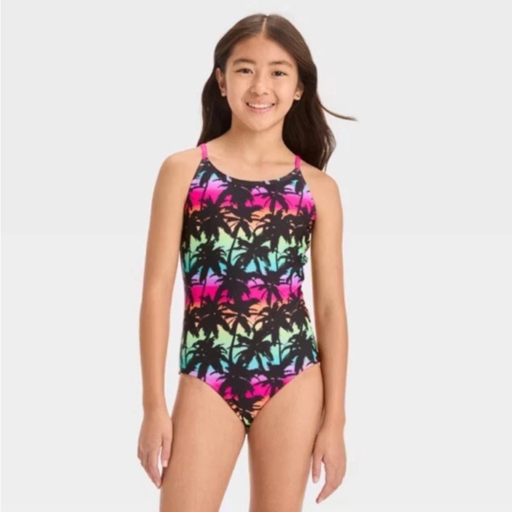 Girls One-Piece Swimsuit with Neon Palm Print and a cover up wrap